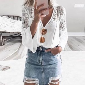 New Boho White Lace Button Front Blouse